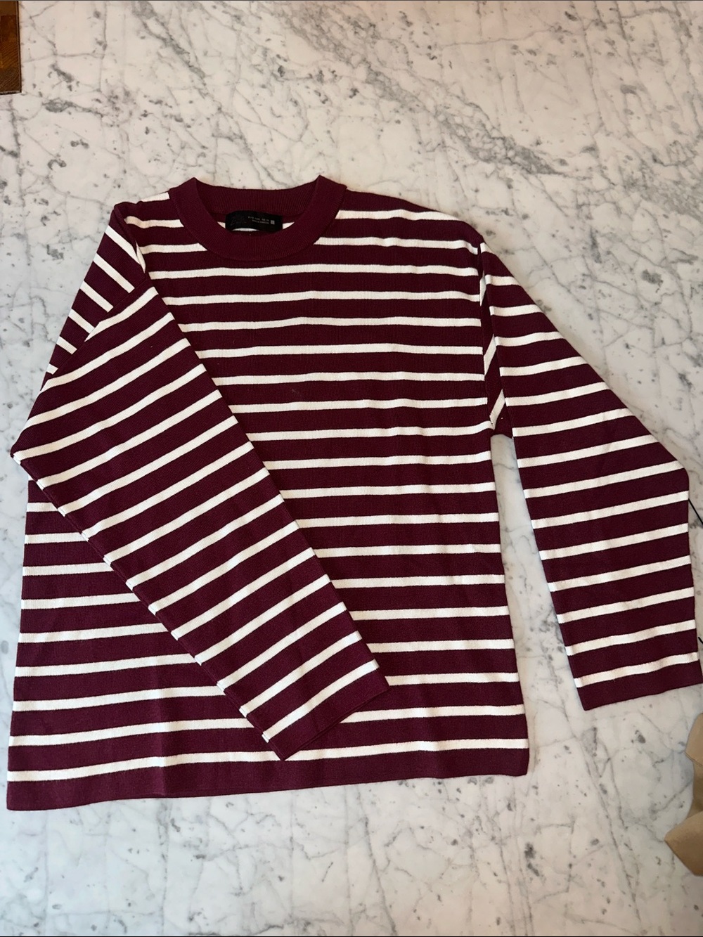 Zara Maroon and White Striped Long Sleeve Tee